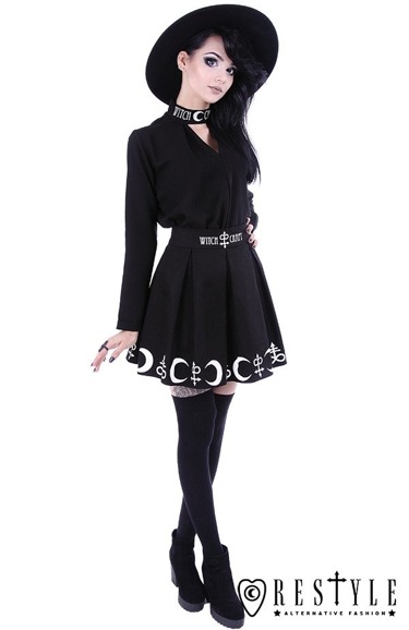 Black pleated short skirt with alchemy print, moon, symbols 