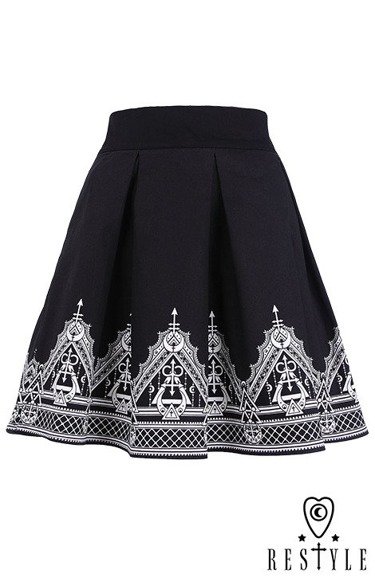 Black pleated short skirt with henna print, moon, symbols "HENNA SKIRT"