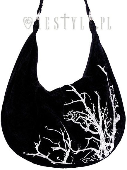 Black velvet hobo bag, Tree embroidery Sack Bag "WHITE BRANCHES" 