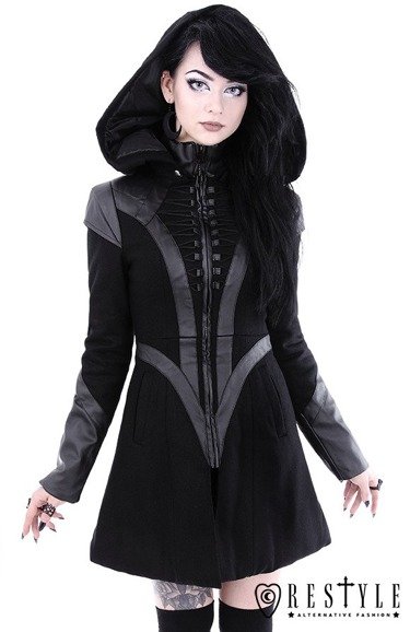 Black winter jacket with pockets, detachable hood "FUTURE GOTH COAT"