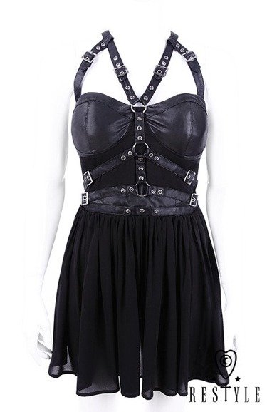 Black with basquine, leather straps, o-rings, witchy "HARNESS DRESS"