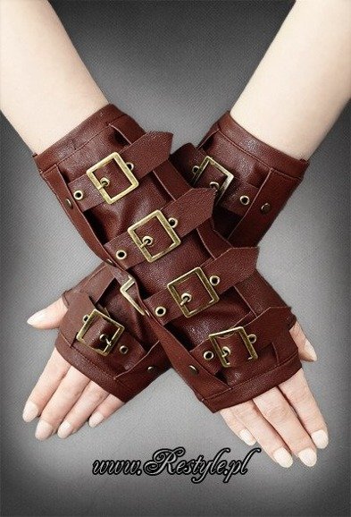 Brown steampunk arm warmers with buckles