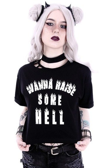Crop Top  Gothic blouse with burning letters "WANNA RAISE SOME HELL"