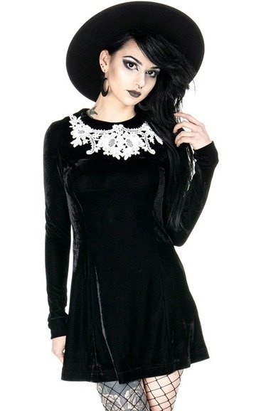DOLLY DRESS Black gothic velvet dress with white lace collar