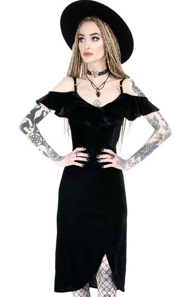 GLORIA DRESS Black gothic velvet dress cold shoulder
