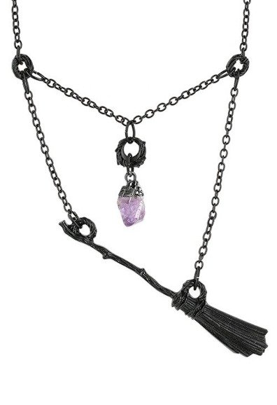 Gothic Witch Black Broomstick Necklace with purple crystal