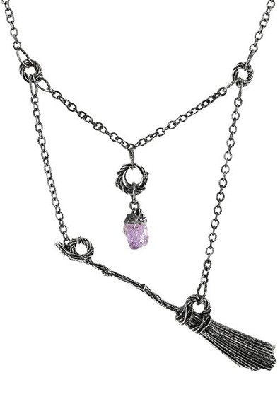 Gothic Witch Broomstick Silver Necklace with purple crystal