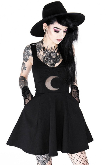 Gothic Black Classic Dress With Mesh Crescent Moon Shape Of The Moon 