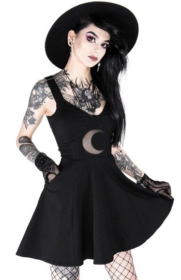 Gothic Black Classic Dress With Mesh Crescent Moon Shape Of The Moon