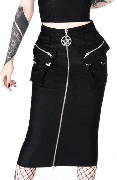 Gothic black woman pencil skirt with pockets UTILITY MIDI SKIRT