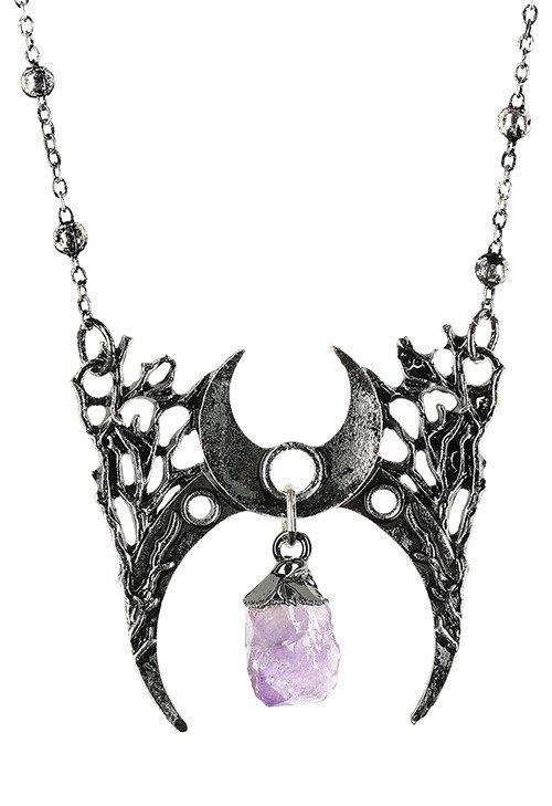 Gothic silver moon necklace with crystal BRANCH CRESCENT