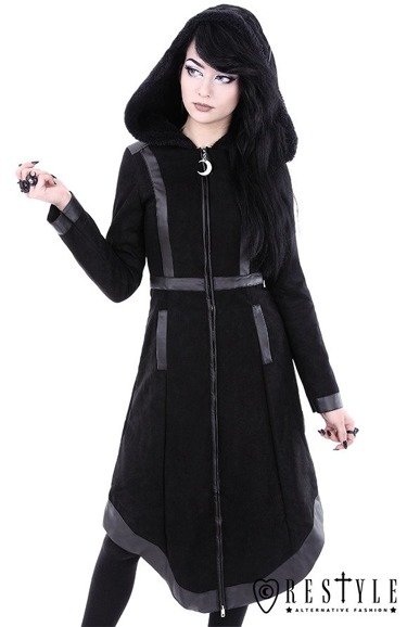 Gothic winter coat with oversized hood, embroidery "MOON WITCH COAT"