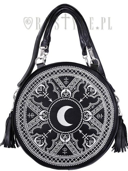"HENNA WHITE ROUND BAG" Moon embroidery handbag, witchy purse with moon & tessels