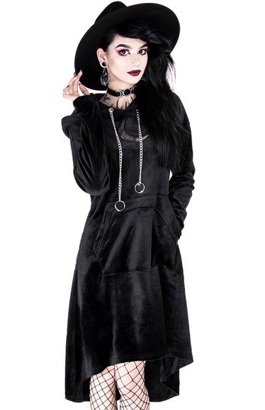 LONG MOON JUMPER, black gothic hoodie dress with mesh moon 