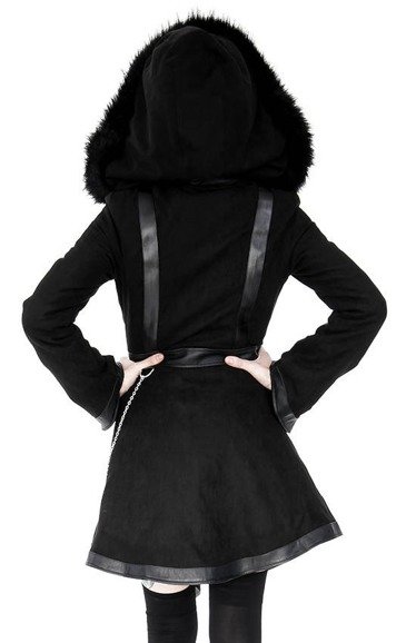 Long Black Dring Coat With Big Fur Hood, Big Fur Hood Coat With Belt