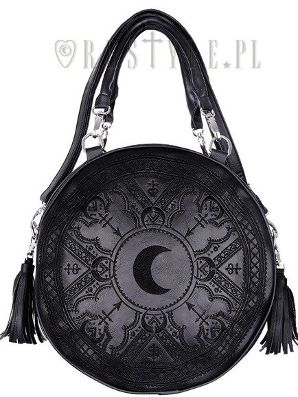 Moon embroidery handbag, witchy purse with moon & tessels "HENNA BLACK ROUND BAG"