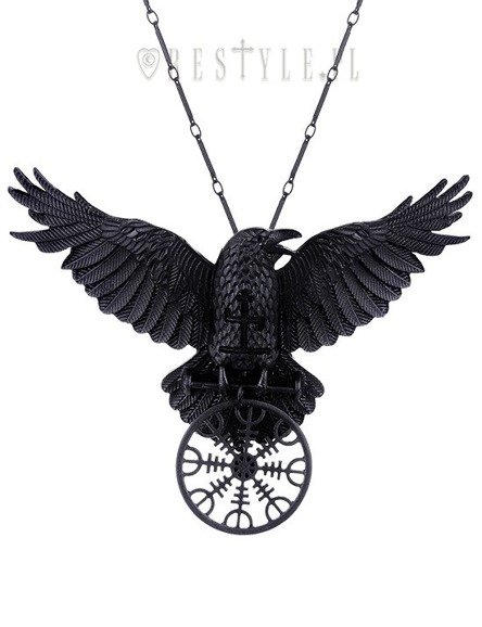 Nordic protection talisman, black crow, healing rune "HELM OF AWE RAVEN PENDANT" 