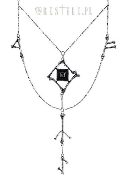 Silver long chain, Black onyx, gothic pendan"RUNES & BONES necklace"