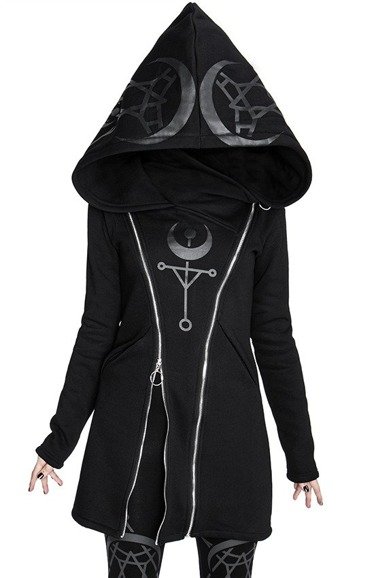 TWIN MOON HOODIE black gothic double zipped jacket with print