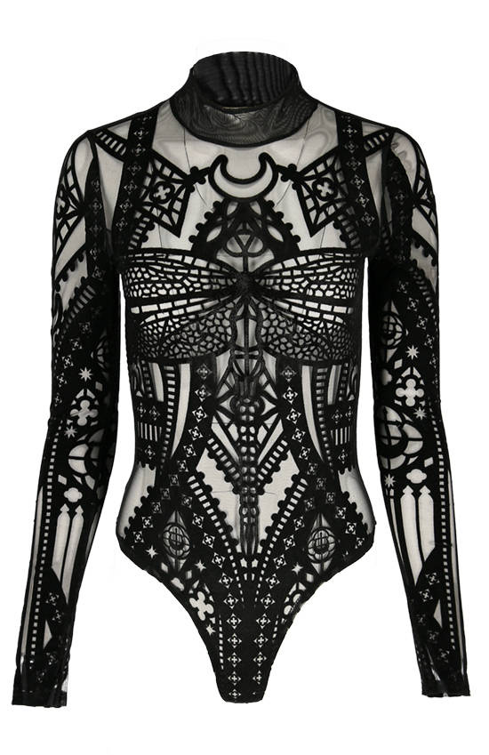 CATHEDRAL DRAGONFLY MESH & VELVET  BODYSUIT