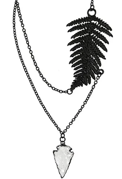 Czarny naszyjnik z paprocią i kryształem "FERN BLACK NECKLACE"