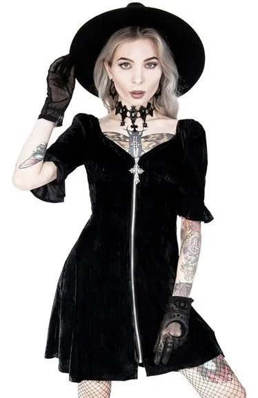 Schwarzes Samt-Sweetheart-Kleid mit Gothic-Kreuz