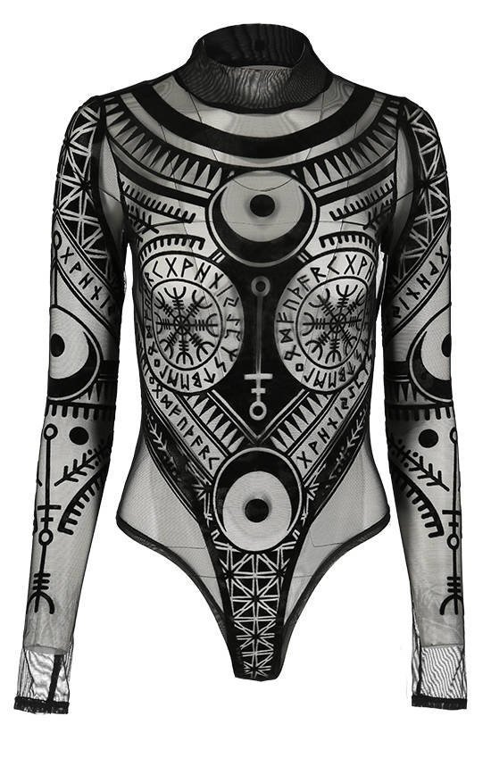 Black gothic RUNES MESH Pagan BODYSUIT