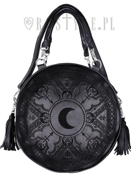 Moon embroidery handbag, witchy purse with moon & tessels "HENNA BLACK ROUND BAG"