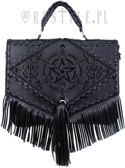 Schwarzer Gothic-Ranzen mit Fransen, gelasertem Pentagramm und alchemistischen Symbolen "Boho Witch Bag"