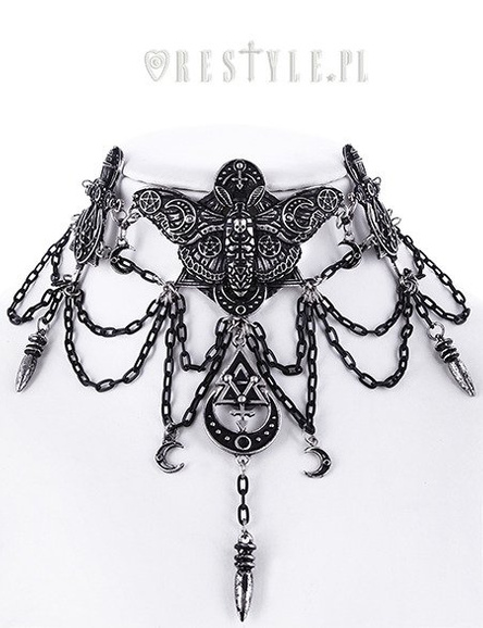 Gotycka kolia, ćma z symbolami, księżyce "OCCULT MOTH CHOKER"