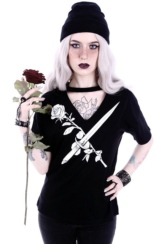 Gothic blouse with knife and rose V-neck with choker "STAY SHARP"