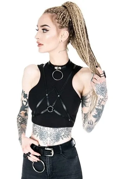 Kurze Gothic "VILLAIN TOP" Gurtbluse