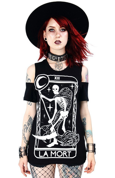 Czarny damski T-shirt cold shoulder śmierć tarot La Mort 