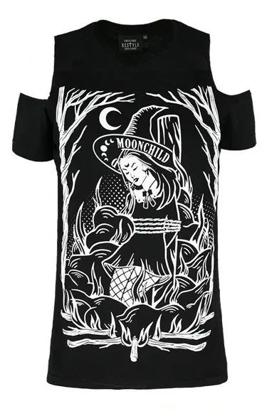 Schwarzes Gothic-T-Shirt BURN THE WITCH COLD SHOULDER