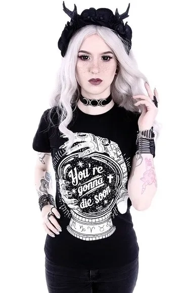 Gothic-T-Shirt mit einer Zauberkugel "Du wirst bald sterben"