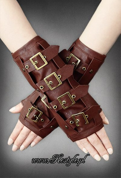 Brown steampunk arm warmers with buckles