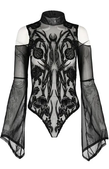 Schwarzer Gothic IRIS BODYSUIT kalte Schulter