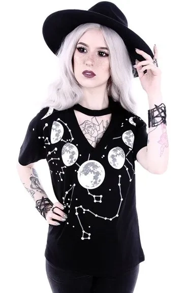 V-Ausschnitt mit Kropfband Gothic-Bluse mit "MOON PHASES"