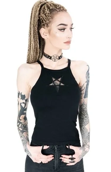 Schwarzes Damen-Top Mesh Pentagram