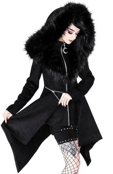 Black long gothic coat with oversized furry hood MYSTERIUM COAT 