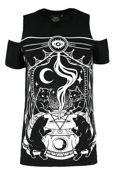Schwarzes Gothic-T-Shirt CAT SABBATH COLD SHOULDER