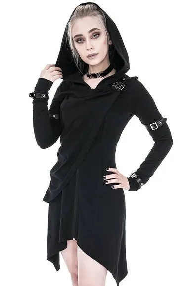 Langer asymmetrischer schwarzer Hecate Draped Hoodie
