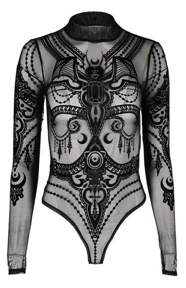 Schwarzer Gothic JEWEL BAT MESH BODYSUIT