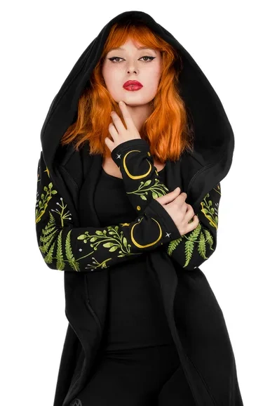 Langer heidnischer HERBAL Hoodie mit Farn und Halbmond übergroße Kapuze