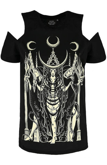 Black gothic T-shirt goddess HECATE COLD SHOULDER 