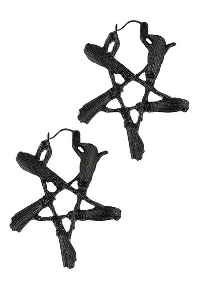 Broom Pentagram Black Earrings Witchy jewellery