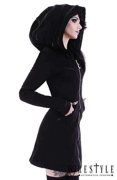 Lange Jacke mit übergroßer Kapuze, schwarze Reitkapuze, Mond "LAYERED HOODIE"