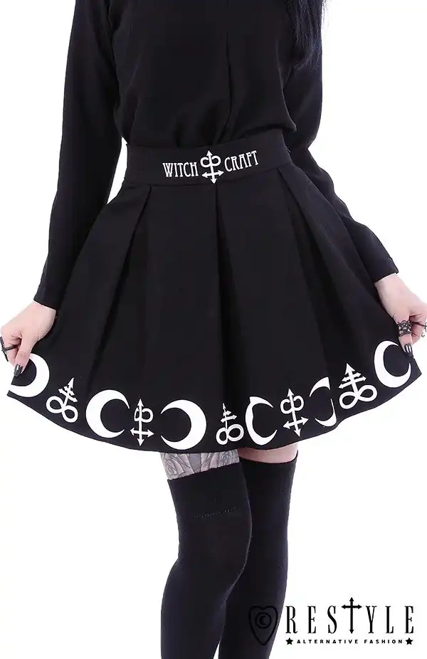 Black pleated short skirt with alchemy print, moon, symbols