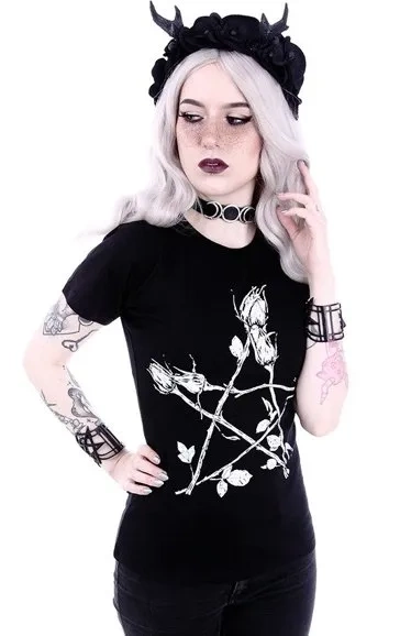 Klassisches Gothic, Hexen-T-Shirt "ROSE PENTAGRAM"