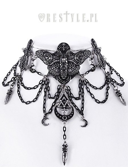 Gotycka kolia, ćma z symbolami, księżyce "OCCULT MOTH CHOKER"